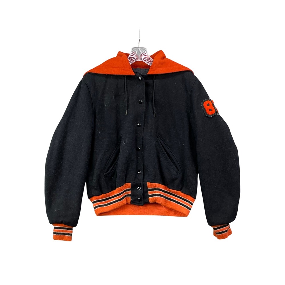 DeLong Varsity Jacket Mens 20 Black Orange Vintage 80s Wool Letterman Hooded 87
